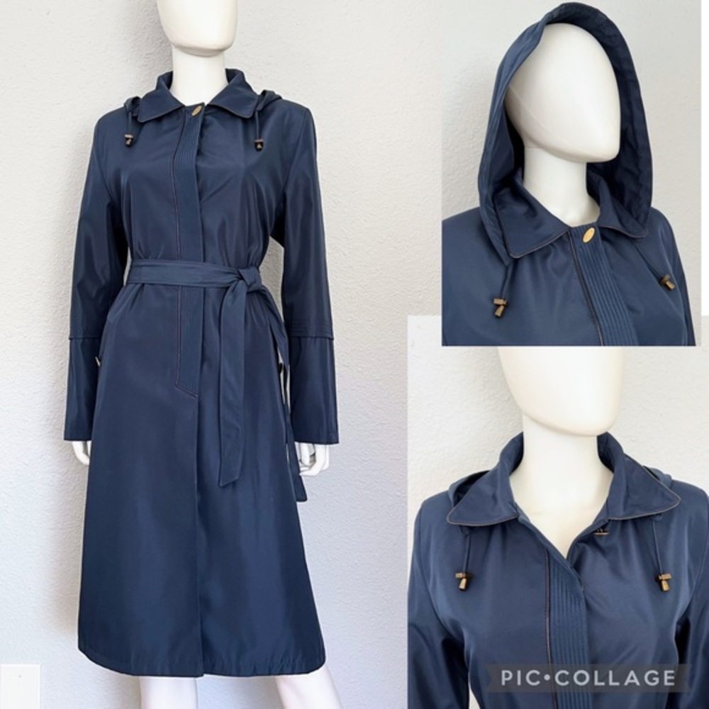 NWT WOMEN PLUS SIZE TRENCH COAT NAVY BLUE HOOD COAT BELTED LINED JACKET RAINCOAT